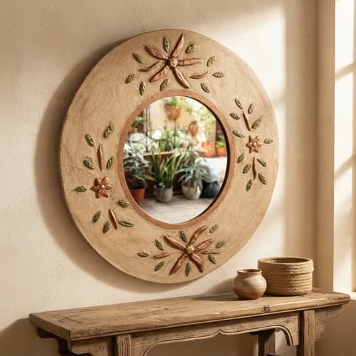 Espejo Artesanal Redondo Vinatge Decorativo Marrón Claro de Thor Home